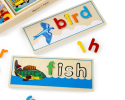 Place letters into wooden puzzle boards to spell words that match illustrations
Includes 8 double-sided wooden puzzle boards and 64 wooden letters
Fits into one compact wooden storage case